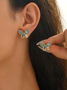 1 par de pendientes de mujer con forma de mariposa con perlas cultivadas/rhinestones de estilo vintage, adecuados para vacaciones y uso diario - Multicolor - Ver 2