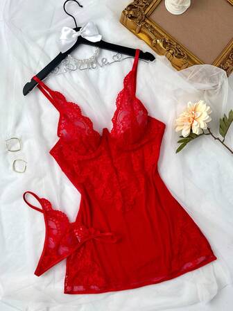 2pcs Sexy Lingerie Set For Valentine's Day, Includes Red Mesh Sheer Nightgown And Lace Slip Dress, Comfortable And Soft, Revealing V-Neck Chemise, Suitable For Honeymoon, Boudoir, And Nightclub