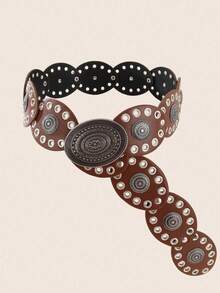 Hershine 1pc Y2K Bohemian Style Western Women's Belt, Gothic Brown Leather Belt, Fashion Accessory For Dresses, High-End PU Leather Material With Metal Rivets And Eyelets Decor, Suitable For Dresses, Parties, Holidays, Halloween And Christmas Outfits, Perfect Gift For Family And Friends For Christmas, Halloween, Thanksgiving - Brown - View 3