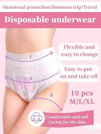 10-Pack, Menstrual Panties, Comfortable Style, Disposable Underwear, Protective Underwear, Flexible Replacement, Easy And Quick To Put On And Take Off, Breathable And Comfortable, 360° Elastic Waistband, No Tightness At The Waist, Sweat-Absorbent And Leak-Proof, Suitable For All Body Types, Suitable For Travel, Business Trips, Menstruation, Yoga And Other Occasions.