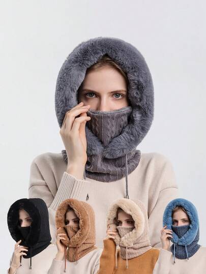 قبعة بتفاصيل رباط زغبي الشتاء قطعة واحدة