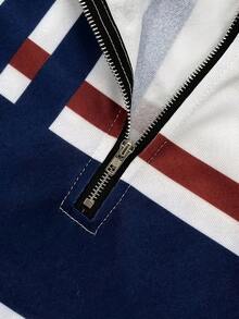 European And American Men's White, Blue And Red Sportswear Sets: Bold Contrast Stripes, Half-Open-Neck Tops; High-Quality Polyester Fabric, Anti-Wrinkle And Easy To Care For; Sporty And Casual Style Suitable For Fitness And Outdoor Activities - 藍色 - 查看 3