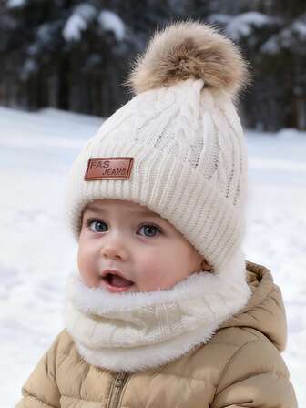 1 Set Bebé 1-3 Años Gorro y Bufanda de Punto Cálido de Otoño/Invierno con Pompón, Uso Diario Lindo