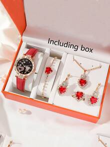 6pcs/Set Luxury Rhinestone Decorated Quartz Watch, Heart Gemstone Necklace Jewelry Set (With Gift Box) - Red - View 3