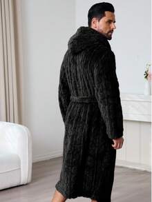 1pc Autumn/Winter Multicolor Long Plush Cable Knit Hooded Bathrobe, Elegant & Charming Fashion Men's Casual Loungewear & Couples Robe - Black - View 3