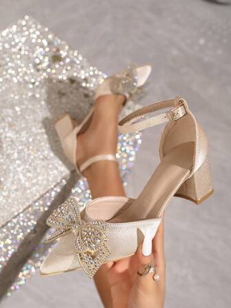 New Fashion Women's Pointed Toe Wedding Season High Heel Shoes, Hollow Out Chunky Heel Rhinestone Bow Slip-On Casual Comfortable Pumps