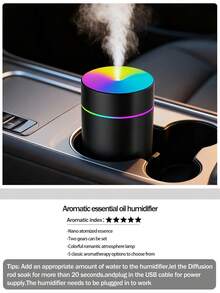 1个迷你USB加湿器，ABS多功能冷雾加湿器，电动空气清新剂，桌面USB供电，LED氛围灯，7色装饰灯，日常加湿防干燥，静音运行，卧室加湿器，简约设计，自然美观，运行安静，适用于家庭、办公室、卧室、汽车、酒吧，女士礼物。