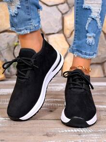 Women's Winter European & American Style Lace-Up Thermal Lined Sneakers, Warm, Fashionable, Casual, Comfortable Walking Shoes - Black - View 3