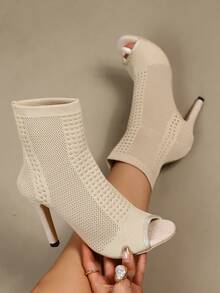 大码女式时尚露趾镂空奢华舒适百搭高跟踝靴 - 米色 - 查看 12