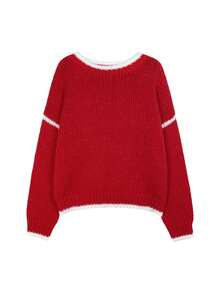 Women's Fashion Romantic Chunky Knit Contrast Trim Long Sleeve Pullover Sweater, Suitable For Dates In Winter