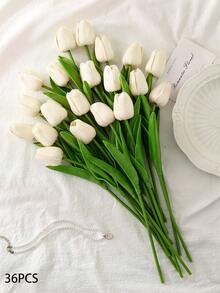 Light Yellow Exquisite Real Touch White Artificial Tulip Bouquets - For Bedroom, Living Room, Wedding, Party, Valentine's Day, Father's Day,Graduation And Mother's Day Gifts, Easter Decorations & Gifts For Girlfriends