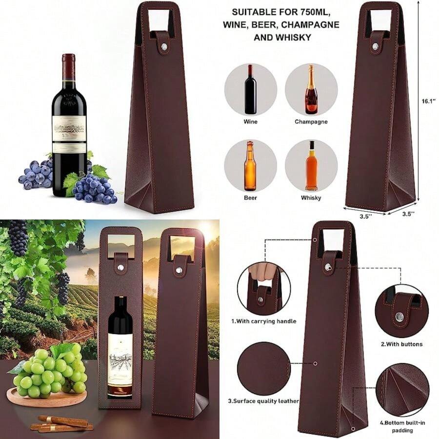 Wine Gift Bag, Reusable Leather Wine Tote Carrier, Single Bottle Champagne Beer Gift Bags Carrier for Birthday, Wedding, Picnic Party, Christmas Gifts (Orange)(marrón-1) - Multicolor - Ver 1
