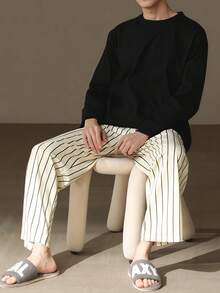 AICJ 男士休闲宽松睡衣套装（两件套），圆领长袖套头衫带口袋，侧条纹长裤，针织面料，适合派对、居家、旅行、春秋冬三季穿着。 - 彩色 - 查看 1