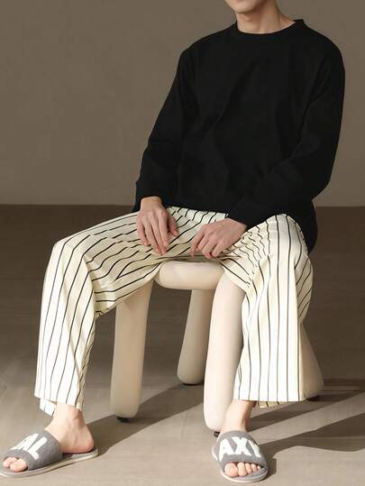 AICJ 2pcs Men Casual Loose Pajama Set, Round Neck Long Sleeve Pullover Top With Pocket, Side Stripe Pants, Knit Fabric, Suitable For Party, Home, Travel, Spring/Autumn/Winter