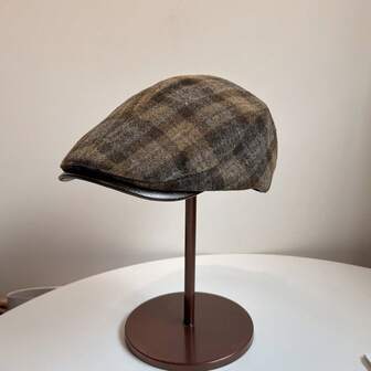 厚羊毛格子复古前卫帽，时尚百搭的男士贝雷帽，秋冬季