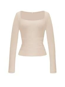 Vaiaye Women's Sexy Fitted Long Sleeve Knit Top, Solid Color Square Neck T-Shirt, Suitable For Valentine's Day Wear