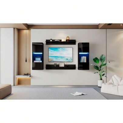 Set Of 4 Wall Shelves, Wall Cabinet With LED Lighting And 2 Shelves: Smart Lighting Controlled By App, Glossy Finish And Tempered Glass Doors, For Living Room, Compatible With TV, TV Furniture Set, Black