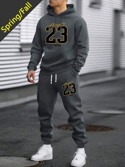 Men's Lightweight Regular Fit Hoodie And Sweatpants Set, Personalized Numeric & Letter Print Pattern, Fashion Casual Outfit With Pockets And Drawstring Waist, Suitable For Spring/Autumn, Great Gift For Husband/Boyfriend, Street, Commute, Outdoor