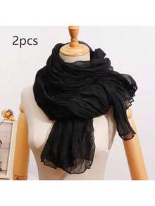 2pcs Maple Leaf Red Crinkle Bohemian Style Scarf, Versatile Solid Color Soft Shawl - متعدد الألوان - مشاهدة 9