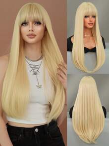 7JHH WIGS 28 英寸长直发金色假发，女士假发 - 优雅蓬松的刘海假发，自然柔软的合成耐热纤维全机发假发，适合日常万圣节佩戴、音乐派对使用 - 金色 - 查看 3