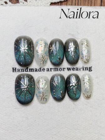 10片手工椭圆形亚克力美甲贴片，适合短指甲，柔和绿色美甲，蓝绿色闪亮猫眼银河系图案，不规则闪粉箔手绘八角星星月波点图案，独特简约优雅奢华秋季美甲，极简美学秋季美甲贴片，婚礼美甲，多功能美甲DIY假指甲艺术派对日常约会适用工作场合可重复使用，送给女性和女孩的美甲用品