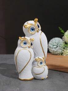 1pc Owl Family Decor Set, 3-Color Modern Art Resin Owl Statues, Suitable For Home, Office And Living Room Decoration