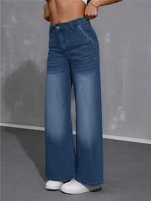 OENY | Women's Straight Leg Jeans With Pockets, Buttons And Zipper, Casual High Stretch Pants - Medium Wash - View 3