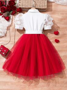 فستان قميص بأكمام قصيرة للبنات المراهقات، بتصميم زهري ومرقع من الشبك مع ربطة عقدة على الخصر، مناسب للربيع والصيف - الأحمر - مشاهدة 2