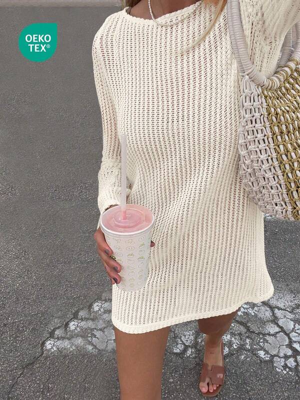 Women's Solid Color Casual Airy Vacation Beach Sheer Lace Trim Long Sleeve Cover Up Mini Dress, Spring/Summer