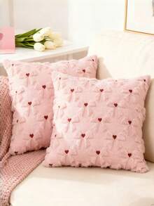 2er Set dekorative Kissenbezüge, geeignet für Valentinstag, Hochzeitssaison, Partydekorationen, süße rote Herz & Schleife Plüsch Jacquard Sofakissenbezüge, passend für Mädchenzimmer, Bett, Sofa, Wohnzimmer