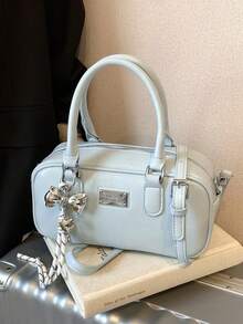 Women's Boston Tote Bag With Doll Charm, Textured Crossbody Handbag, Large Capacity Mama Bag, New Autumn/Winter Style, All-Season Commuter Tote - Baby Blue - View 9