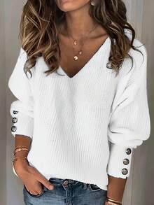 [Elegant Sweater] Elegant Women's Light Blue V-Neck Ribbed Sweater | Long Sleeve Pullover With Faux Button Detail, Machine Washable Fall Winter Top For Casual & Formal Wear, Cute Sweaters, Seasonal Wardrobe, Classic Knitwear, Quality Stitching, Office Attire  Women'S V-Neck Sweater- Comfortable Autumn/Winter Pullover For Casual Elegance - 白色 - 查看 1