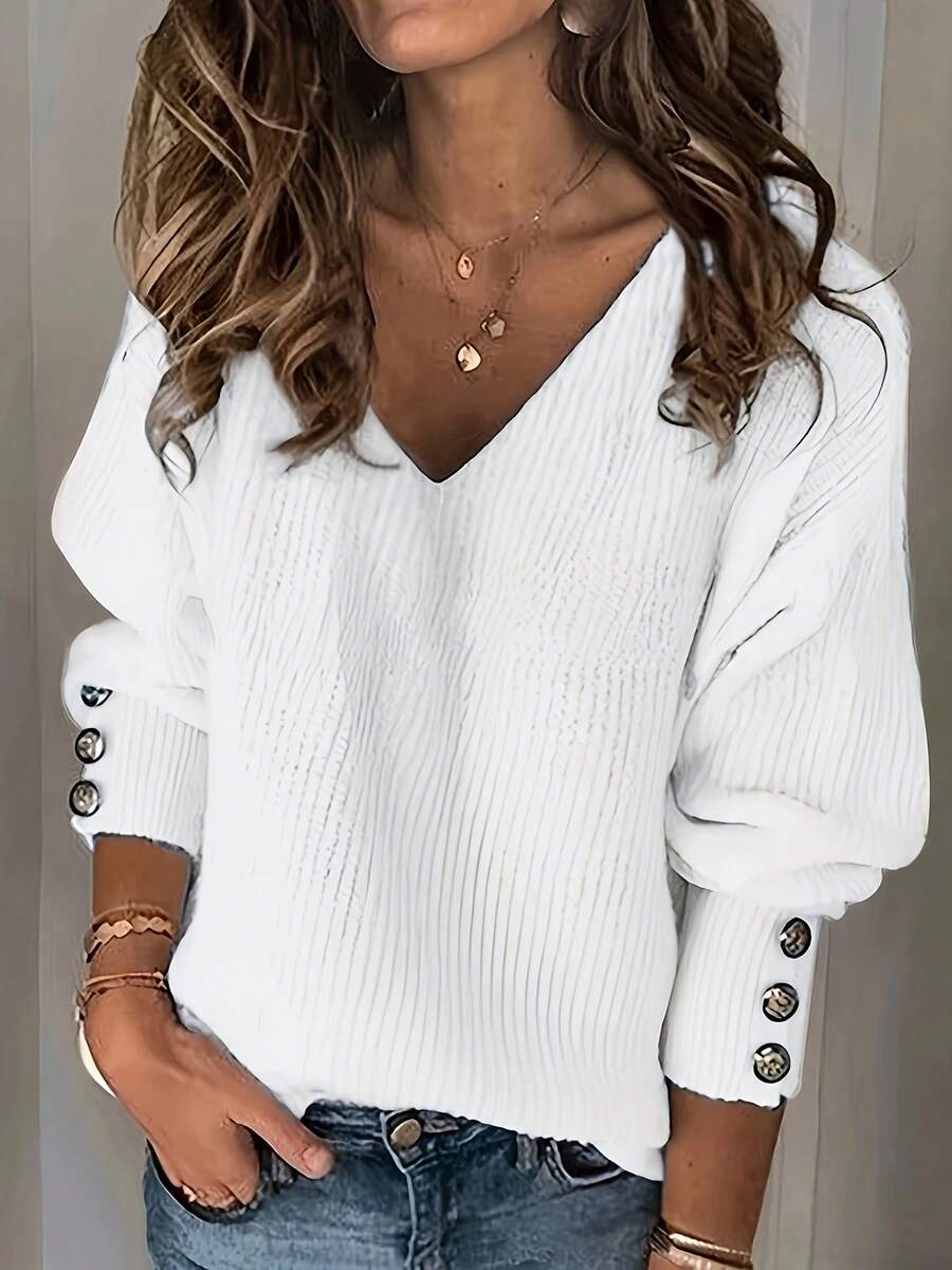 [Elegant Sweater] Elegant Women's Light Blue V-Neck Ribbed Sweater | Long Sleeve Pullover With Faux Button Detail, Machine Washable Fall Winter Top For Casual & Formal Wear, Cute Sweaters, Seasonal Wardrobe, Classic Knitwear, Quality Stitching, Office Attire  Women'S V-Neck Sweater- Comfortable Autumn/Winter Pullover For Casual Elegance - 白色 - 查看 1