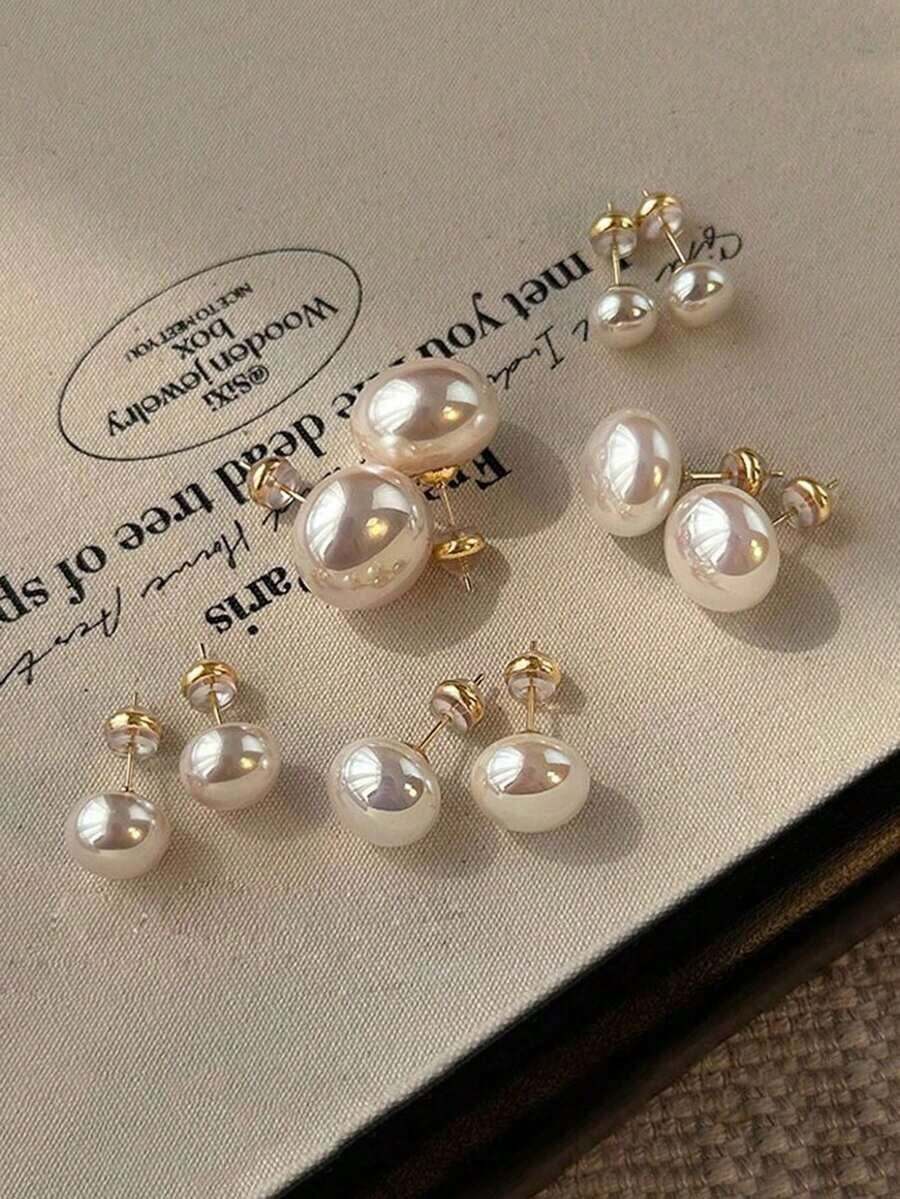 5pcs/Set Minimalist French Style White Flat Round Bun Faux Pearl Stud Earrings, Elegant Vintage High-End Earrings Suitable For Women's Daily And Holiday Wear - Đặt một - Xem 1