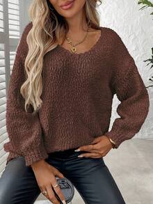 Suéter de punto de manga larga, cuello redondo, unicolor, informal, talla grande - Café integral - Ver 7