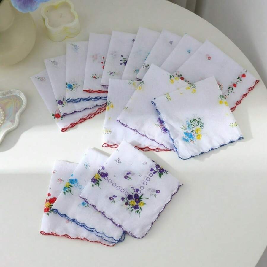 24 Vintage Floral Handkerchiefs, Cotton Ladies Handkerchiefs With Scalloped Edges, 11-Inch Vintage Ladies Pocket Towel - 白底彩邊24件裝 - 查看 1