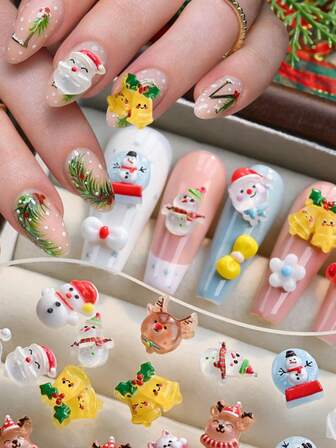 100 Christmas Series Nail Art Accessories, 50pcs Of Mini Cute Christmas Resin Flat Back Decoration, Including Cartoon Designs Such As Santa Claus, Snowman, Elk, Etc., 50pcs Mixed Christmas Nail Art Decoration Set, Suitable For Festive Nail Des