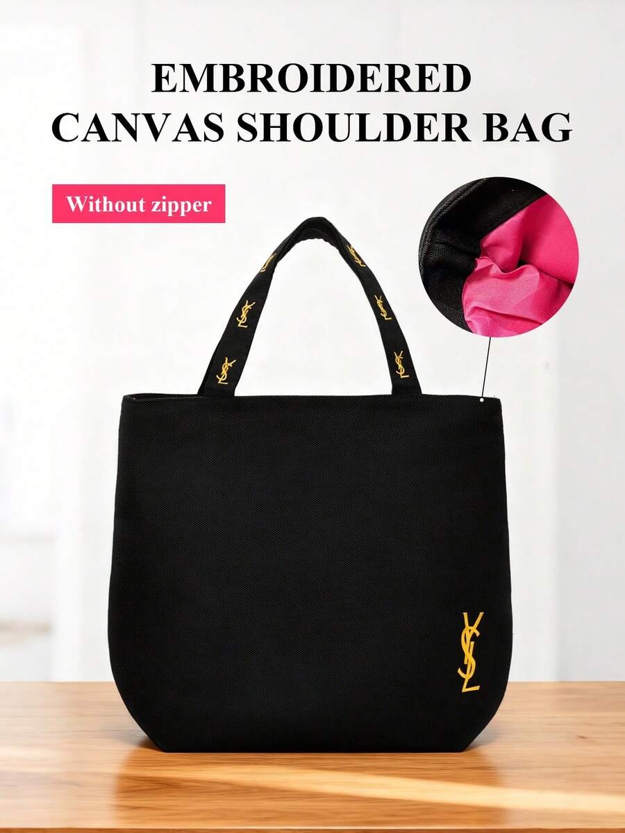 Yves Saint Laurent 优雅黑色帆布单肩包，金色刺绣设计，女士时尚手提包，大容量斜挎包，多功能日常包 - 黑色 - 查看 1
