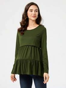 Fashionable Solid Color Round Neck Long Sleeve Maternity Nursing Top, Casual Cute Knit Fabric Suitable For Beach & Vacation - Green - View 3
