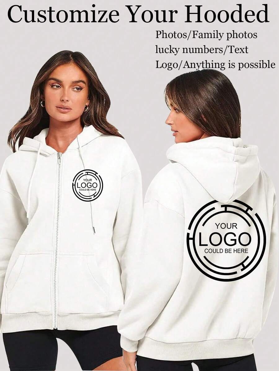 個性化女款白色連帽拉鍊外套,可客製化正反面Logo,保暖內裡,寬鬆版工作制服 - 白色 - 查看 1