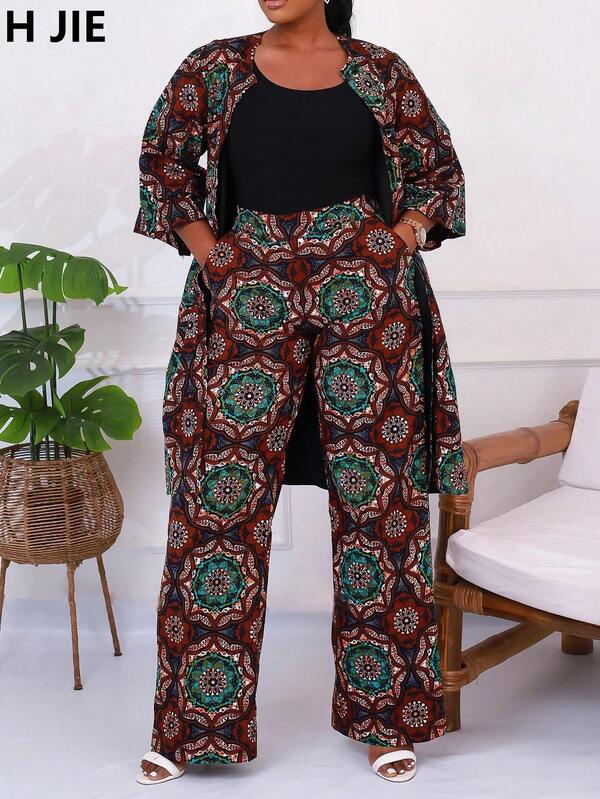 Completo coordinato da donna con pantaloni in stile bohémien con stampe, tasche, colletto a baseball e maniche raglan, taglie comode