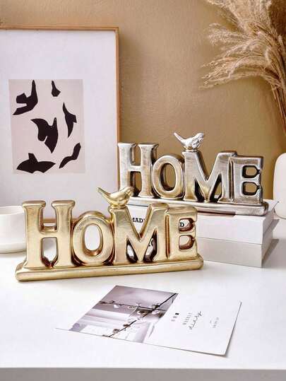 1pc European Vintage Style Resin HOME Alphabet Desktop Decoration, With Gold And Silver Foil Covered Surface Handicraft For Festive Home Decoration Best Gifts Birthday Graduation
