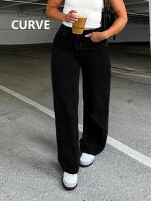 Women Plus Size Classic Solid Color Straight Leg Jeans, Fashionable Versatile Slim-Fitting - Black - View 3