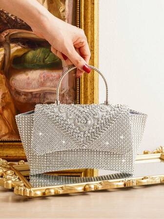 Fashionable Luxury Rhinestone Decorated Handbag, Suitable For Evening Party, Cocktail, Wedding, Formal Occasions