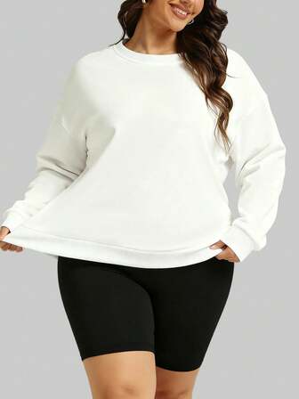 SUPEKYKO 大码女式落肩圆领卫衣 - 纯色圆领长袖休闲运动服