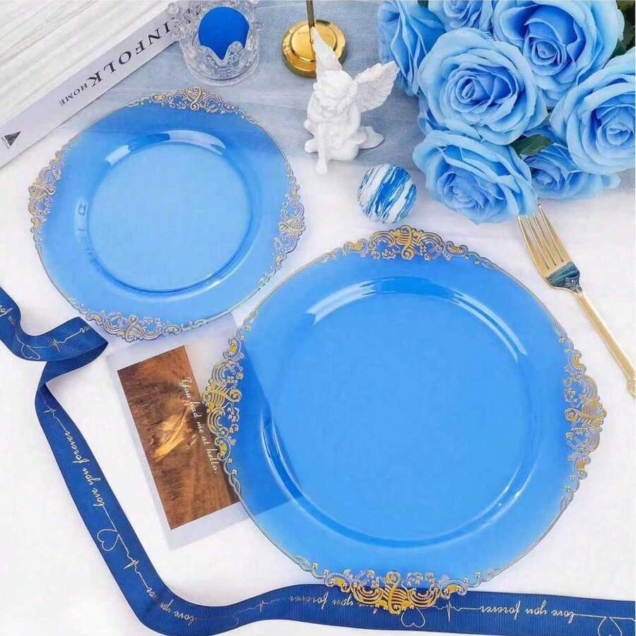 50pcs/25pcs/20pcs/10pcs Transparent Blue Rimmed Plates, Party Decor Plates, Western Dinner Plates, Banquet Plates, Pasta Plates, Large 10.25in/Small 7.5in, Reusable Washable Blue Rimmed Plates, Transparent Blue Baroque Style Plates With Gold Foil Rim, Suitable For Party, Banquet, Wedding, New Year, Valentine's Day, Quality Plate Set - Blue - View 1