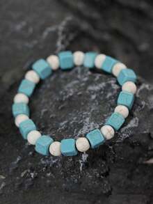 1件手工石手链，8毫米方形绿松石珠，圆形缟玛瑙黑曜石串珠手链，简约风格，适合休闲装扮 - 綠松石色 - 查看 11