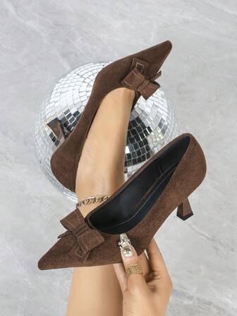 Women's Brown High Heel Pumps, Party High Heels, Wedding Shoes, Formal Dress Shoes, Slip-On Pointed Toe Stilettos With Bow Decor,Kitten Heels