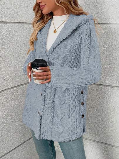 Long Solid Color Diamond Pattern Soft Fleece Front Button Cardigan, Everyday Wear, Autumn/Winter Vacation