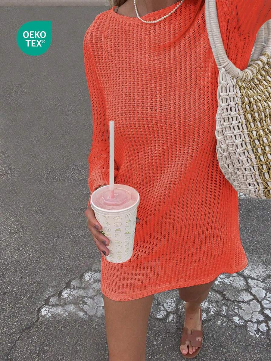 女款純色休閒透氣度假海灘蕾絲飾邊長袖防曬洋裝 春/夏